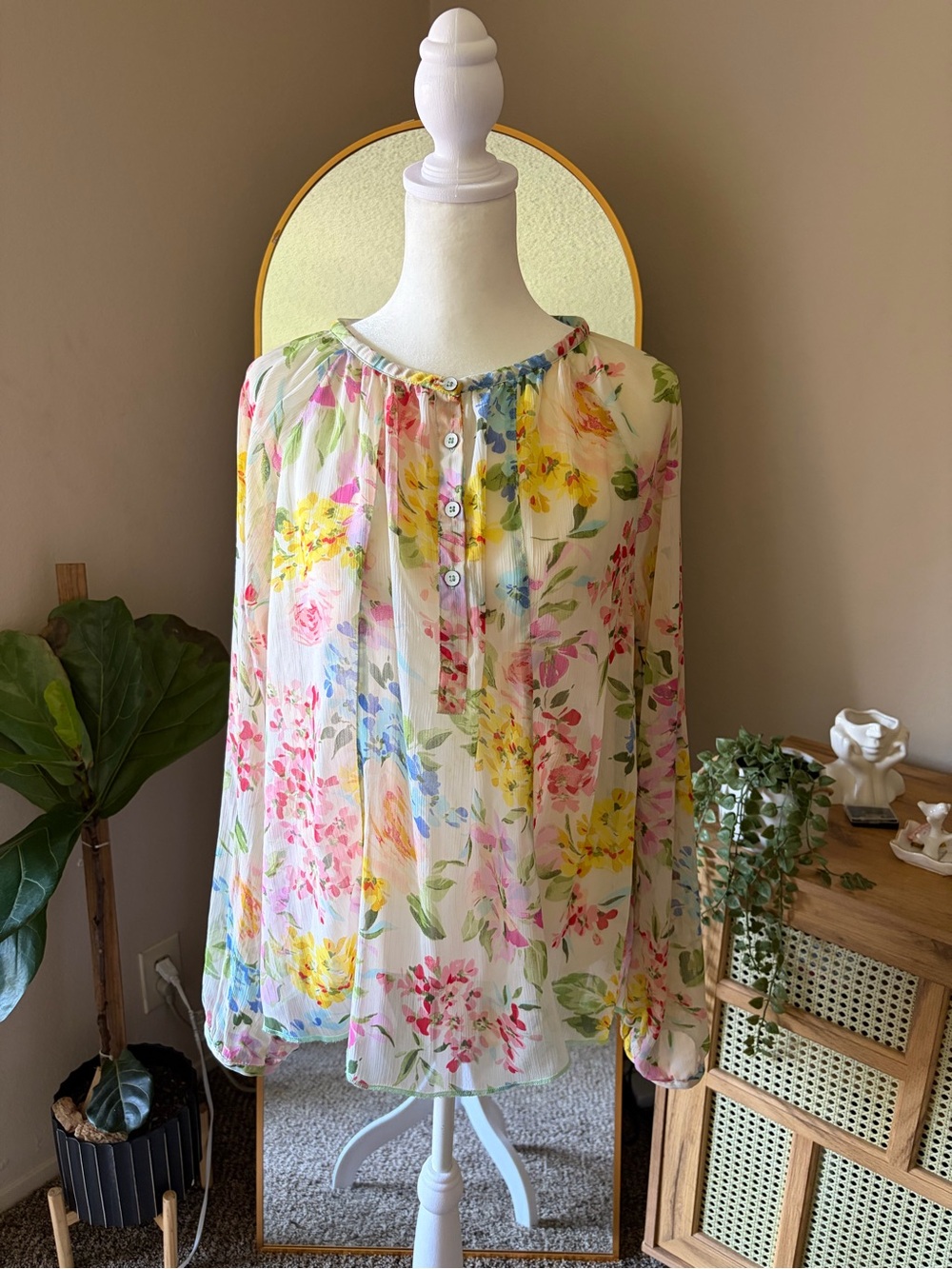 Arnold Zimberg Vintage Floral Sheer Long-Sleeve Blouse - Cream Multi
